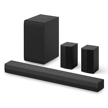 Angled view of LG Soundbar S45TR, subwoofer, and Rear Speakers