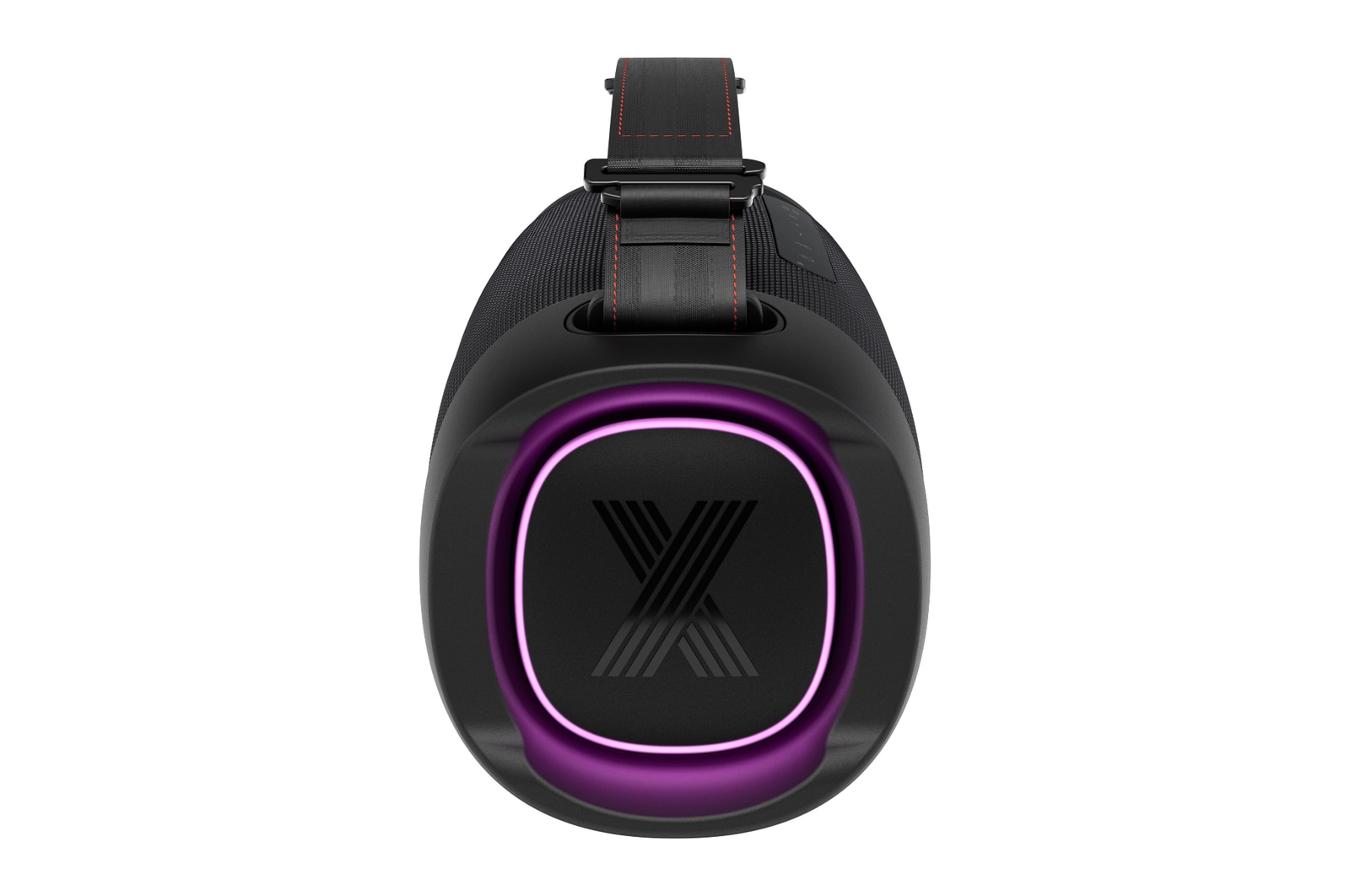 Front view of the woofer with a purple lighting on.