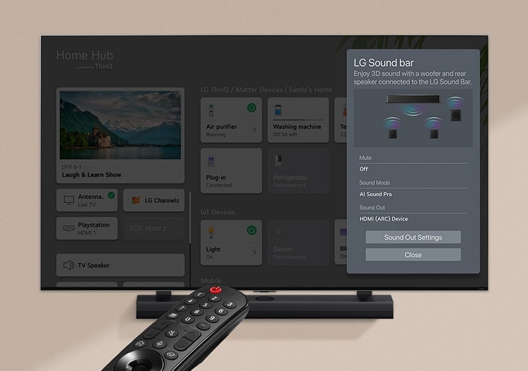 A remote control pointed at an LG TV showing settings on the right side of the screen.