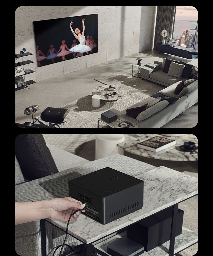 En bild visar ett mysigt vardagsrum med neutral inredning. En stadsvy syns genom fönstret. Inga kablar omger den väggmonterade LG OLED TV:n, och Wireless Connect Box sitter snyggt på ett sidobord. Och den andra bilden visar en persons hand som ansluter en enhet till Wireless Connect Box.