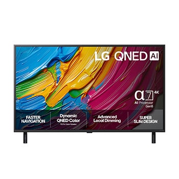 Front view of LG QNED80 TV, LG QNED Al Logo on the top corner. LG QNED TV depicts colorful paintike textures coming together.