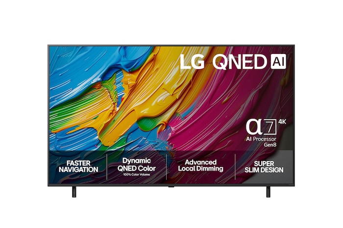 Front view of LG QNED80 TV, LG QNED Al Logo on the top corner. LG QNED TV depicts colorful paintike textures coming together.