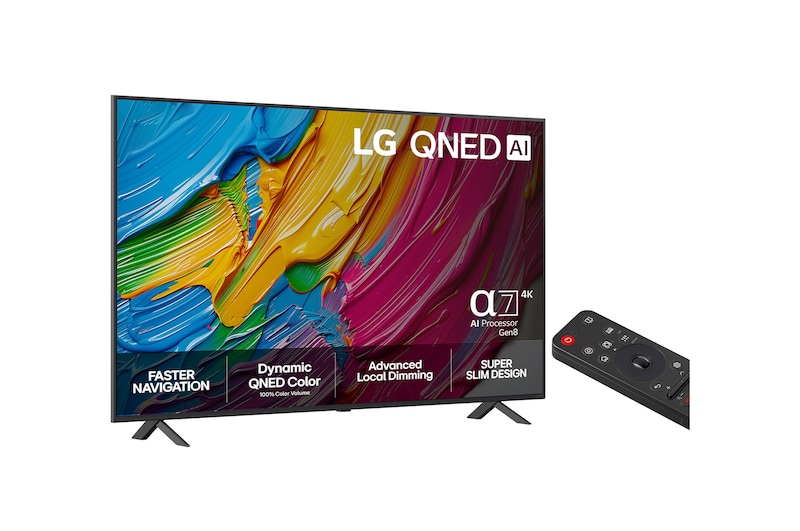 Slightly-angled right-facing side view of LG QNED80 TV