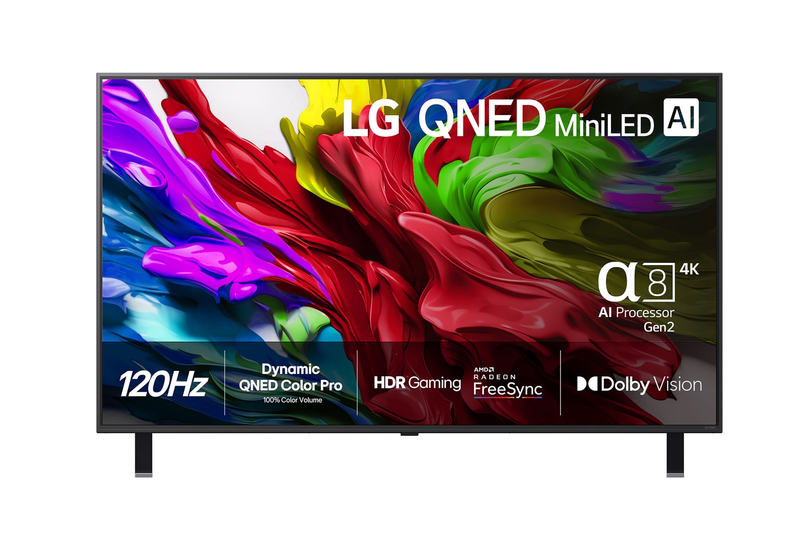 Vy framifrån av LG QNED evo TV, LG QNED evo Al-logotyp i det övre vänstra hörnet på TV:n. LG QNED evo TV visar färgglada målarfärgliknande strukturer som går ihop i rött, gult, grönt, blått och lila.