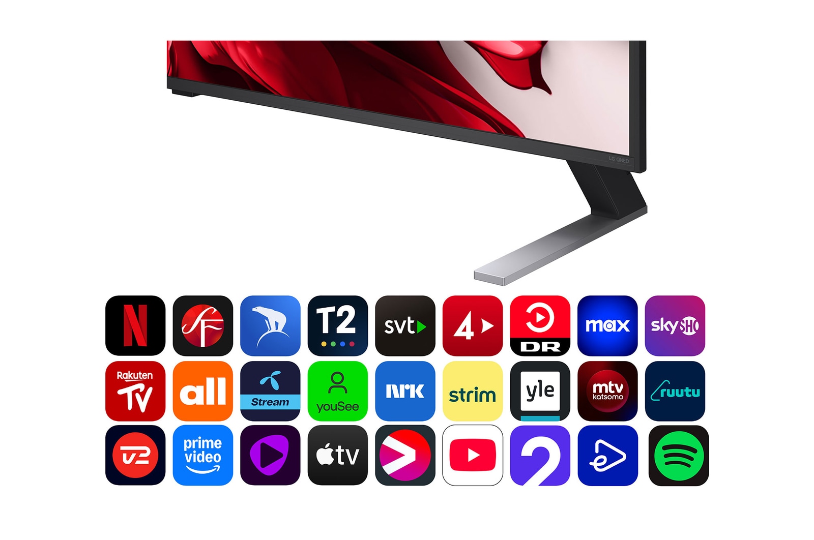 Vy framifrån och från sidan av LG QNED evo AI 4K Smart TV som visar dess längd, bredd, höjd och djupdimensioner.