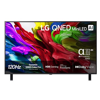 Vy framifrån av LG QNED evo TV, LG QNED evo Al-logotyp i det övre vänstra hörnet på TV:n. LG QNED evo TV visar färgglada målarfärgliknande strukturer som går ihop i rött, gult, grönt, blått och lila.