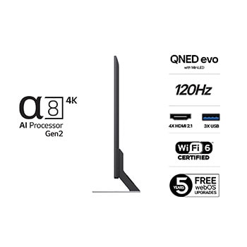 Vy från vänster av LG QNED evo TV.