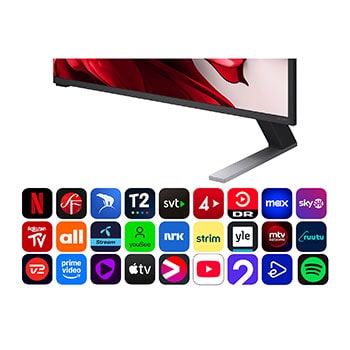 Vy framifrån och från sidan av LG QNED evo AI 4K Smart TV som visar dess längd, bredd, höjd och djupdimensioner.