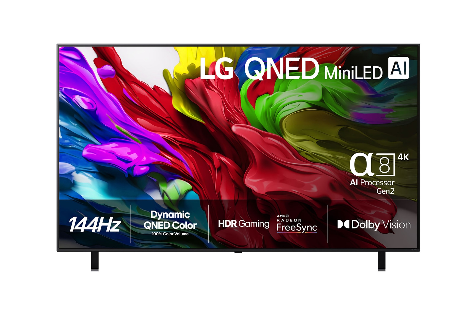 Vy framifrån av LG QNED evo TV, LG QNED evo Al-logotyp i det övre vänstra hörnet på TV:n. LG QNED evo TV visar färgglada målarfärgliknande strukturer som går ihop i rött, gult, grönt, blått och lila.