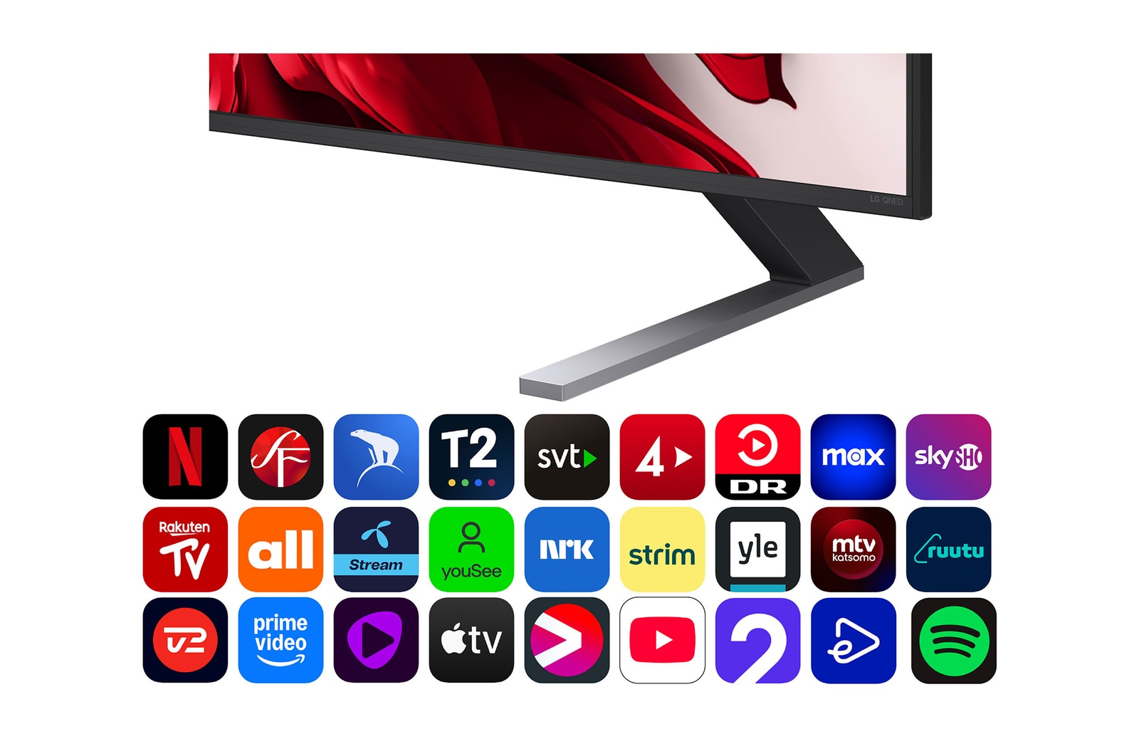 Vy från vänster av LG QNED evo TV.