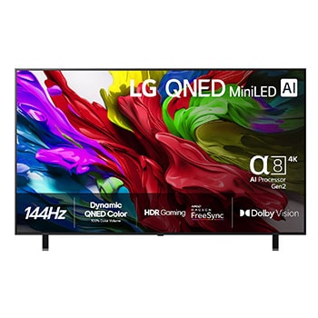 Vy framifrån av LG QNED evo TV, LG QNED evo Al-logotyp i det övre vänstra hörnet på TV:n. LG QNED evo TV visar färgglada målarfärgliknande strukturer som går ihop i rött, gult, grönt, blått och lila.