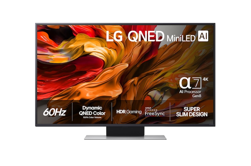Vy framifrån av 43 tums LG QNED AI QNED87 4k Smart TV 2025 43QNED87A6D