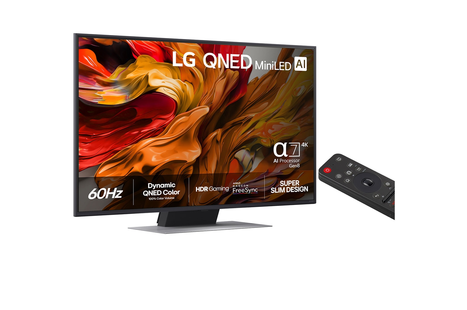 Slightly-angled right-facing side view of LG QNED evo QNED85 TV