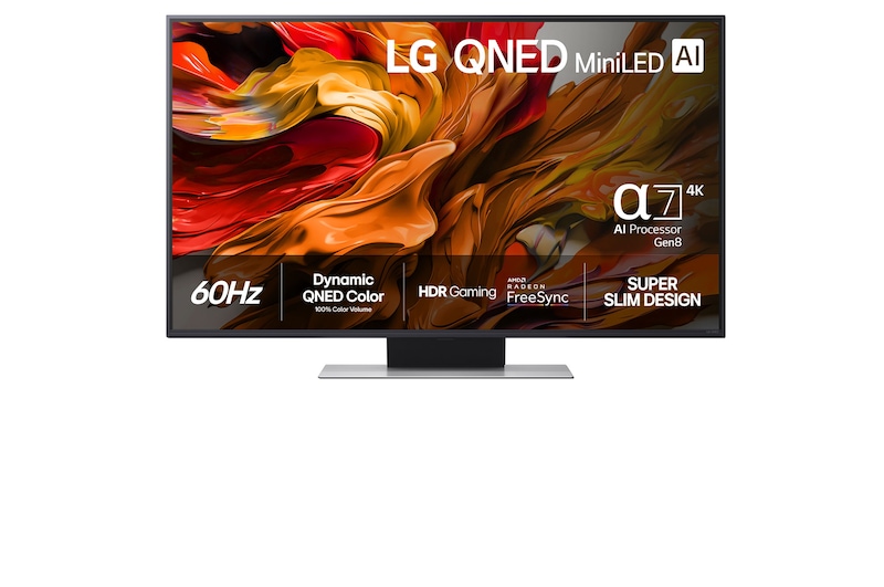 Vy framifrån av 50 tums LG QNED AI QNED87 4k Smart TV 2025 50QNED87A6D