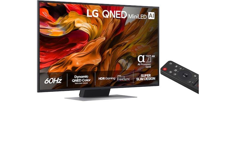 Slightly-angled right-facing side view of LG QNED evo QNED85 TV
