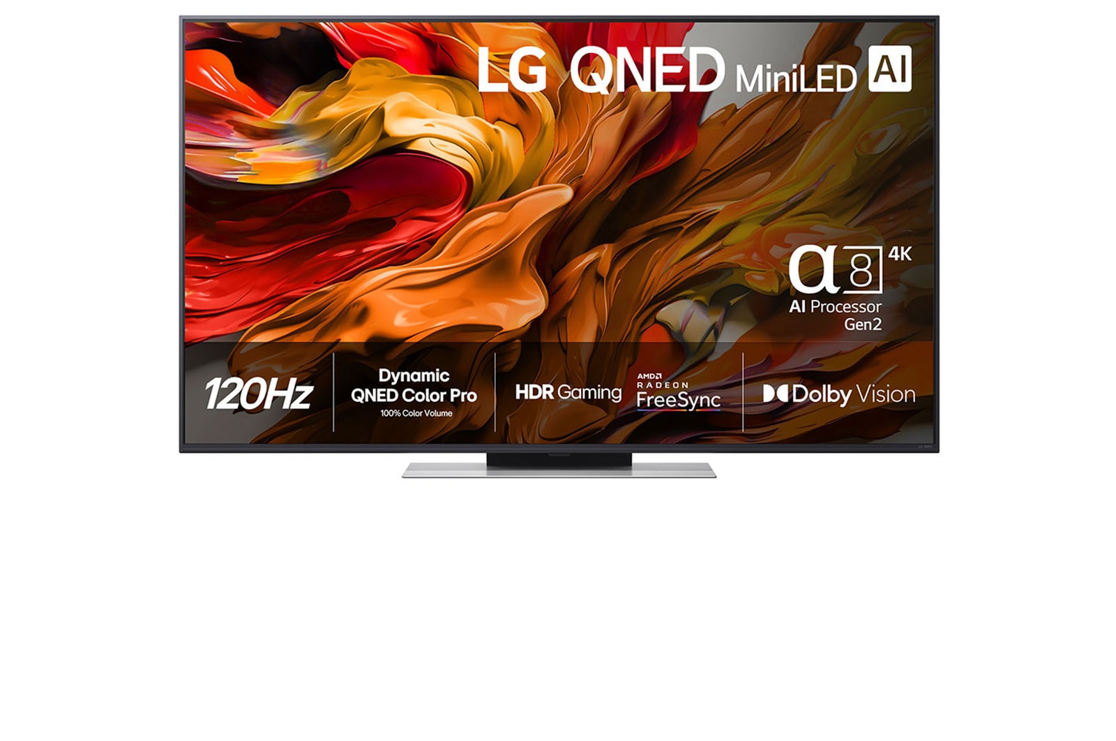 Vy framifrån av 55 tums LG QNED MiniLED AI QNED87 4k Smart TV 2025 55QNED87A6B