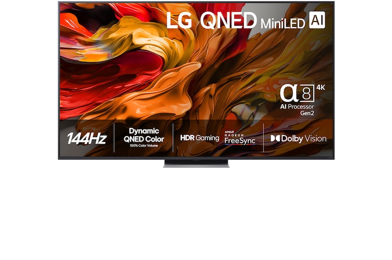 Vy framifrån av 65 tums LG QNED MiniLED AI QNED87 4k Smart TV 2025 65QNED87A6B