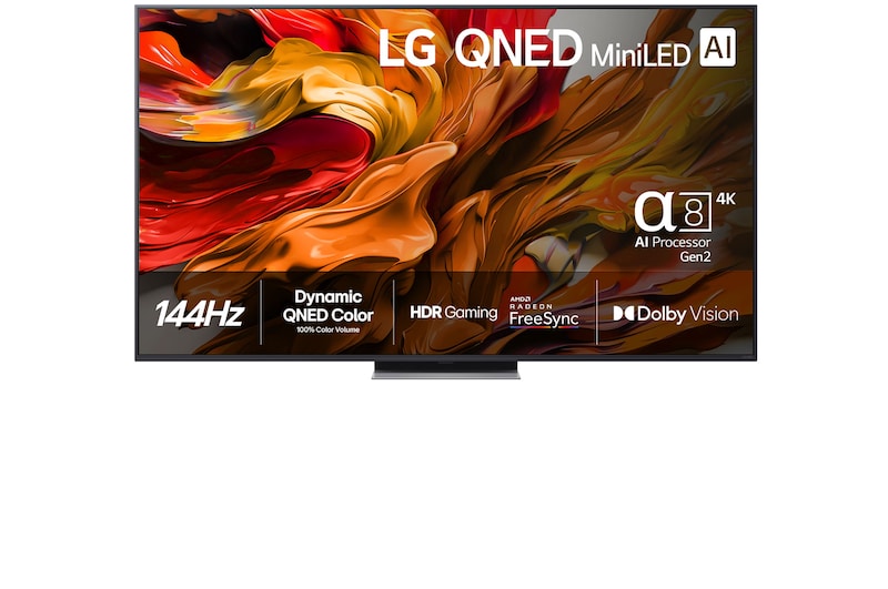 Vy framifrån av 75 tums LG QNED MiniLED AI QNED87 4k Smart TV 2025 75QNED87A6B