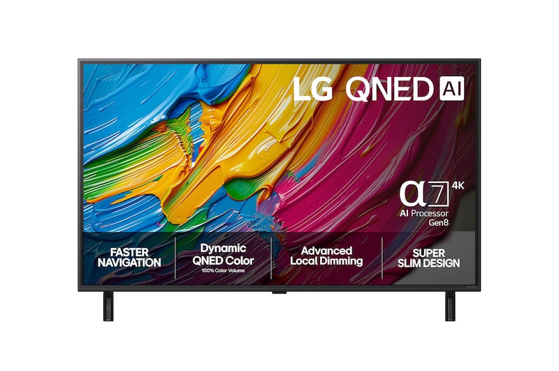 Vy framifrån av LG QNED80 TV, LG QNED Al-logotyp i det övre hörnet. LG QNED TV visar färgglada målarfärgtexturer som möts.