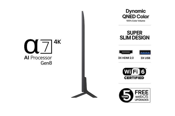 Vy från vänster av LG QNED80 TV