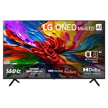 Vy framifrån av LG QNED evo QNED92 TV, LG QNED evo Al-logotypen i det övre hörnet. LG QNED evo TV avbildar färgglada, målade texturer som kommer samman.