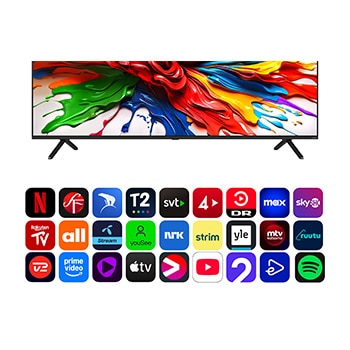 Färgstänk sprutar upp från golvet i olika färger. Intertrek-certifiering som visar oberoende tester placerade under bilden. Titeln handlar om LG:s nya och unika breda färgskalateknik som låter dig se livfulla färger på skärmen.