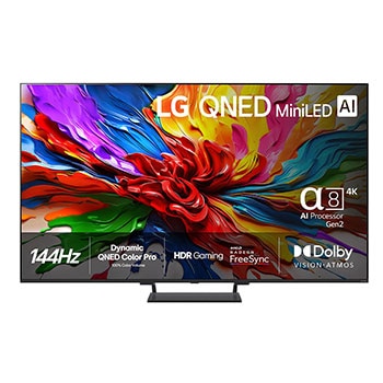 Vy framifrån av LG QNED evo QNED93 TV, LG QNED evo Al-logotypen i det övre hörnet. LG QNED evo TV visar färgglada målarfärgtexturer som möts.