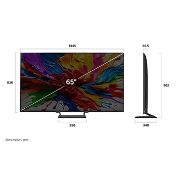 Vy framifrån och från sidan av LG QNED evo AI QNED93 4K Smart TV som visar dess längd, bredd, höjd och djupdimensioner.