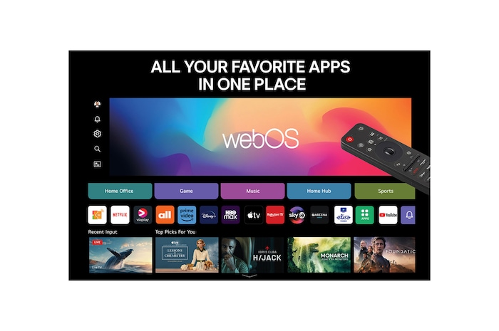 Vardagsrum med en väggmonterad LG OLED TV. På TV:n visas en bergskedja mot en mörk kvällshimmel fylld av stjärnor. Den här scenen är delad på mitten för att visa hur Perfect Black levererar äkta svärtor oavsett om det är ljust eller mörkt omkring dig. Den ena sidan av scenen visar en mattare, gråare version av landskapet med texten Icke-perfekta svärtor. Den andra sidan visar en mer tilltalande bild med ett större dynamiskt omfång av svärtor och högdagrar. Denna har texten Perfect Black-skärm. Logotypcertifiering syns också, Perfect Black-teknik levererar svärtor mörkare än eller lika med 0,24 nit upp till 500 lux. En textbubbla vid dess sida lyder Kontrollera Perfect Black-certifieringsmärket.