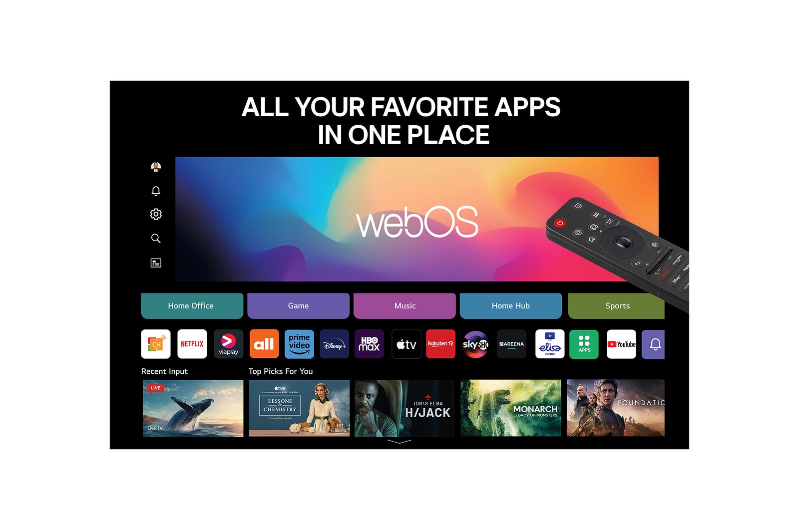 Vardagsrum med en väggmonterad LG OLED TV. På TV:n visas en bergskedja mot en mörk kvällshimmel fylld av stjärnor. Den här scenen är delad på mitten för att visa hur Perfect Black levererar äkta svärtor oavsett om det är ljust eller mörkt omkring dig. Den ena sidan av scenen visar en mattare, gråare version av landskapet med texten Icke-perfekta svärtor. Den andra sidan visar en mer tilltalande bild med ett större dynamiskt omfång av svärtor och högdagrar. Denna har texten Perfect Black-skärm. Logotypcertifiering syns också, Perfect Black-teknik levererar svärtor mörkare än eller lika med 0,24 nit upp till 500 lux. En textbubbla vid dess sida lyder Kontrollera Perfect Black-certifieringsmärket.