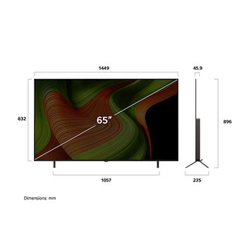 Vy framifrån och från sidan av LG OLED AI B5 4K Smart TV som visar dess längd, bredd, höjd och djupdimensioner.