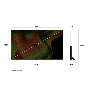 Vy framifrån och från sidan av LG OLED AI B5 4K Smart TV som visar dess längd, bredd, höjd och djupdimensioner.