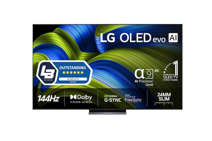 Vy framifrån av LG OLED evo AI C5 4K Smart TV. Emblemet 12 år som världens ledande OLED och logotypen LG OLED evo AI 2025 visas på skärmen.