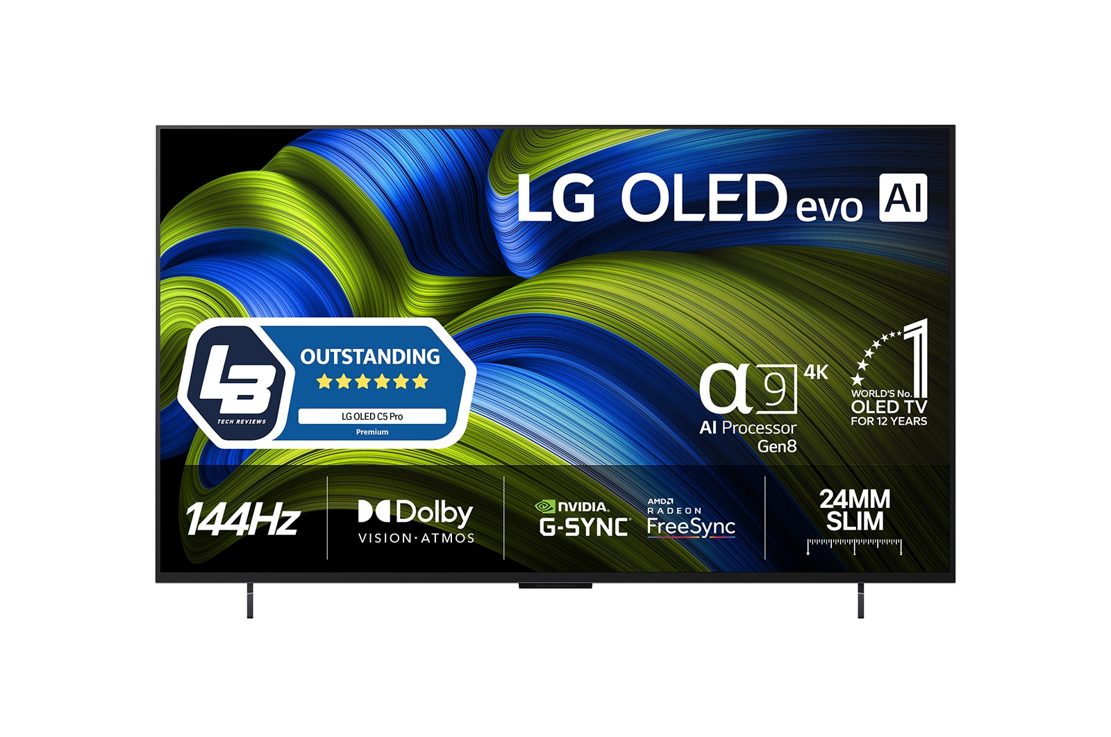 Vy framifrån av LG OLED evo AI C5 4K Smart TV. Emblemet 12 år som världens ledande OLED och logotypen LG OLED evo AI 2025 visas på skärmen.
