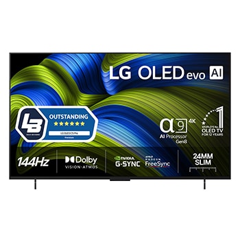 Vy framifrån av LG OLED evo AI C5 4K Smart TV. Emblemet 12 år som världens ledande OLED och logotypen LG OLED evo AI 2025 visas på skärmen.
