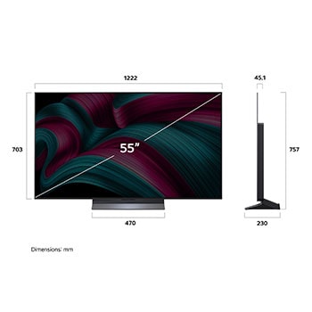 Vy framifrån och från sidan av LG OLED AI B5 4K Smart TV som visar dess längd, bredd, höjd och djupdimensioner.