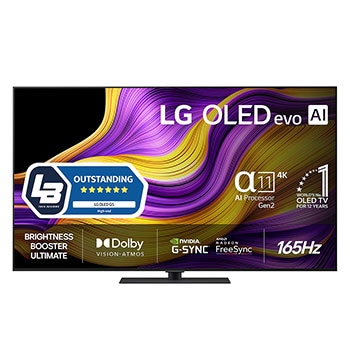 Vy framifrån av LG OLED evo AI G5 4K Smart TV. Emblemet 12 år som världens ledande OLED och logotypen LG OLED evo AI 2025 visas på skärmen.