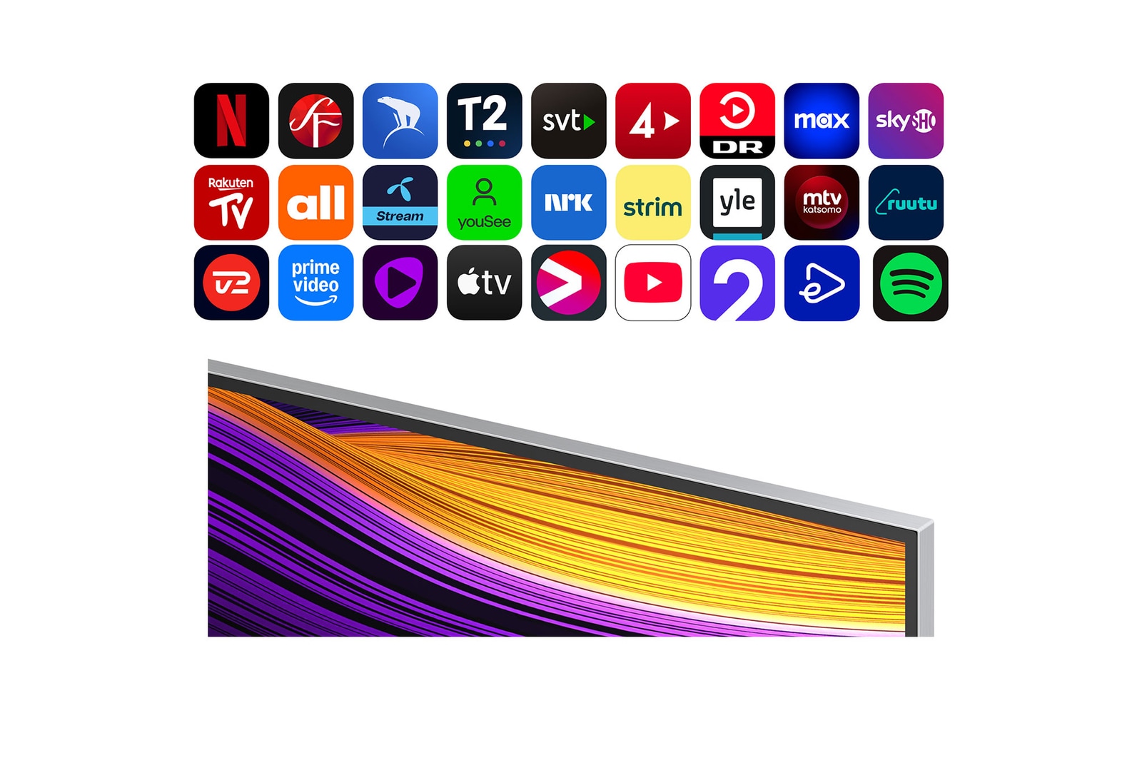 Vy framifrån och från sidan av LG OLED evo AI G5 4K Smart TV som visar dess längd, bredd, höjd och djupdimensioner.