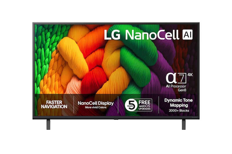 Vy framifrån av LG 43" NanoCell AI NANO8E 4K Smart TV 2025 43NANO8EA6A