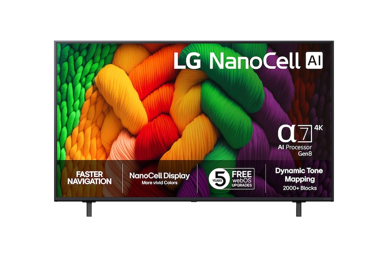 Vy framifrån av LG 55" NanoCell AI NANO8E 4K Smart TV 2025 55NANO8EA6A