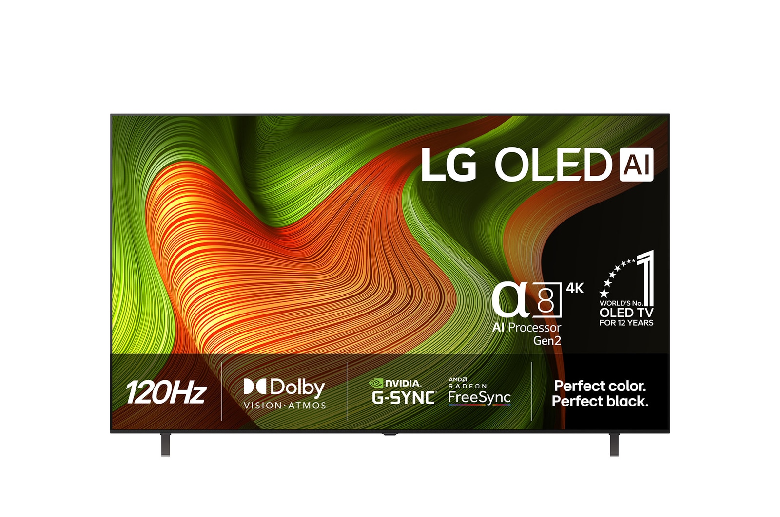 Vy framifrån av LG OLED AI B5 4K Smart TV. Emblemet 12 år som världens ledande OLED och logotypen LG OLED AI 2025 visas på skärmen.