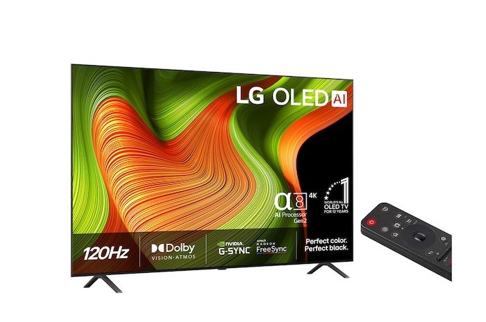 Något vinklad vy av LG OLED evo AI B5 4K Smart TV.