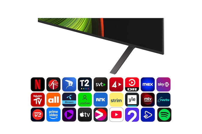 Vy framifrån och från sidan av LG OLED AI B5 4K Smart TV som visar dess längd, bredd, höjd och djupdimensioner.