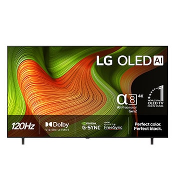 Vy framifrån av LG OLED AI B5 4K Smart TV. Emblemet 12 år som världens ledande OLED och logotypen LG OLED AI 2025 visas på skärmen.