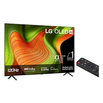Något vinklad vy av LG OLED evo AI B5 4K Smart TV.