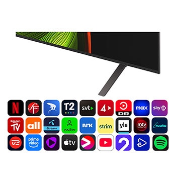 Vy framifrån och från sidan av LG OLED AI B5 4K Smart TV som visar dess längd, bredd, höjd och djupdimensioner.