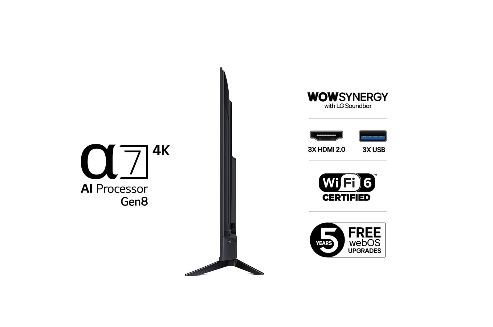 Vy från vänster av LG UHD UA73 TV.