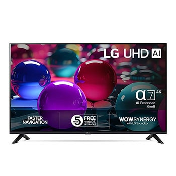 Vy framifrån av UHD UA73 TV, LG UHD Al-logotyp i det övre hörnet. LG UHD TV visar färgglada målarfärgtexturer som möts.