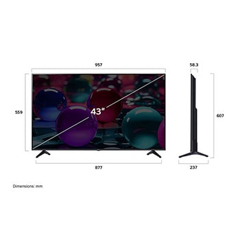 Vy framifrån och från sidan av LG UHD AI UA73 4K Smart TV som visar dess längd, bredd, höjd och djupdimensioner.