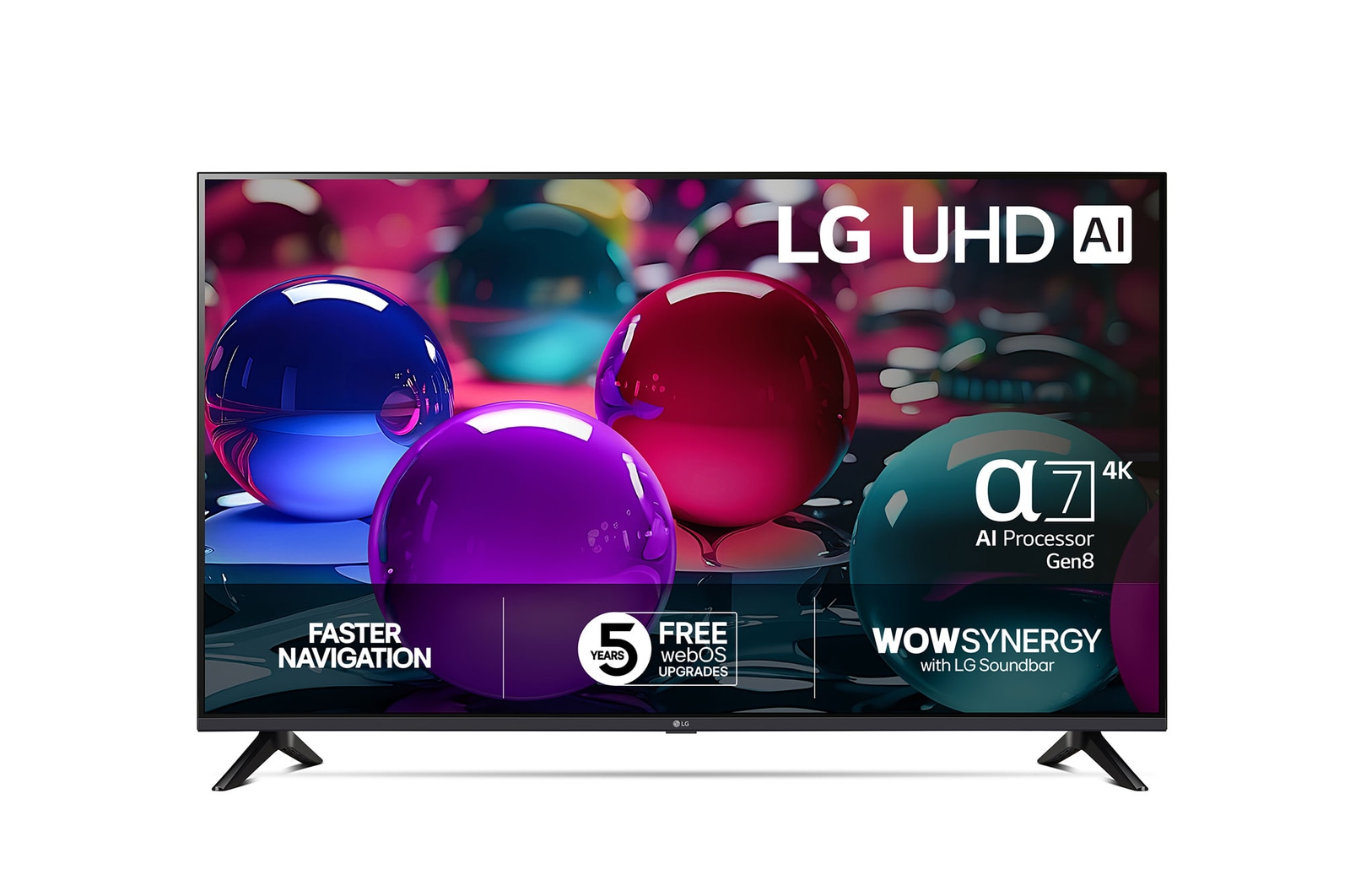 Vy framifrån av UHD UA73 TV, LG UHD Al-logotyp i det övre hörnet. LG UHD TV visar färgglada målarfärgtexturer som möts.